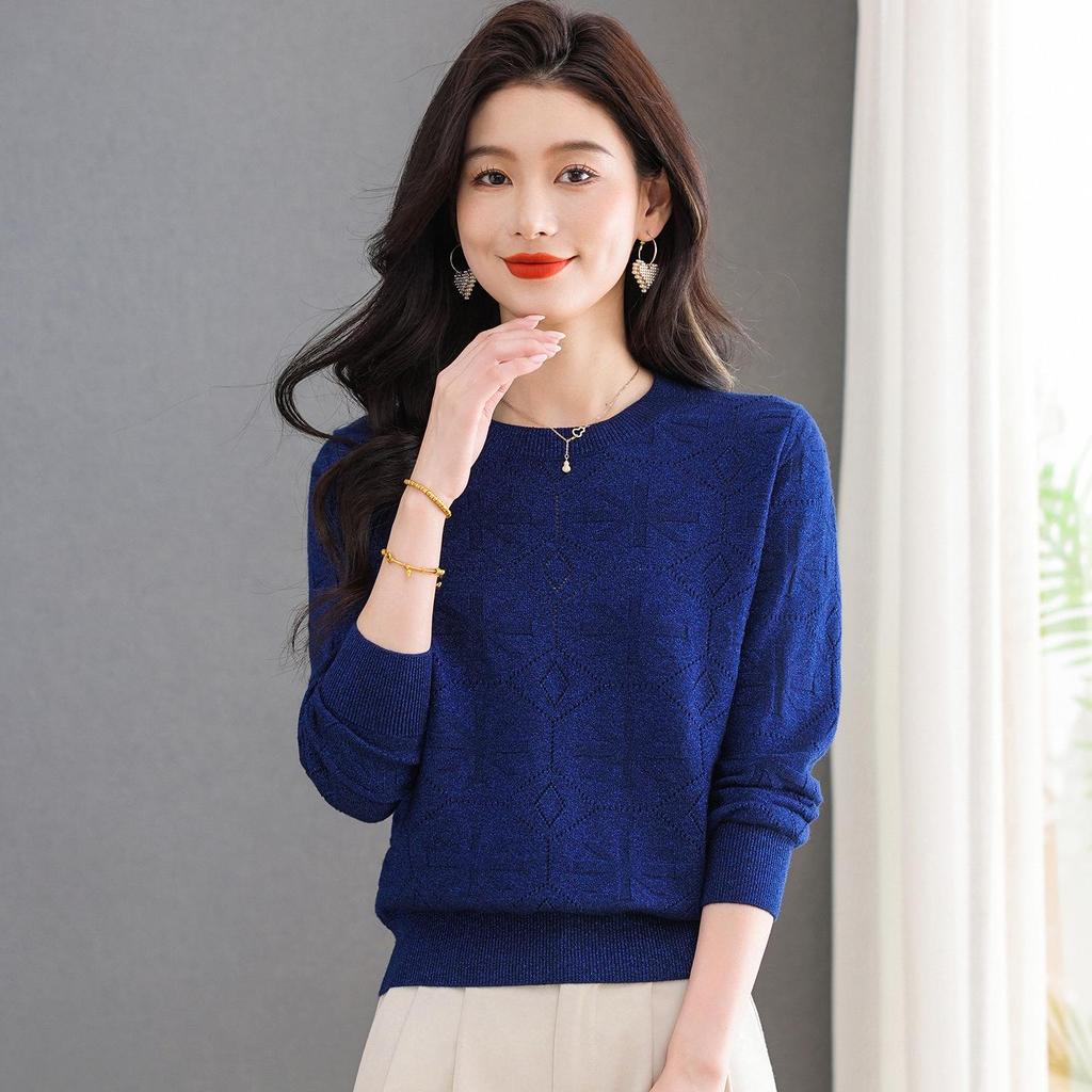 Women's Wine Red Versatile Round Neck Long Sleeve Knitted Sweater - Loose Fit and Slimming Fashionable Inner Wear