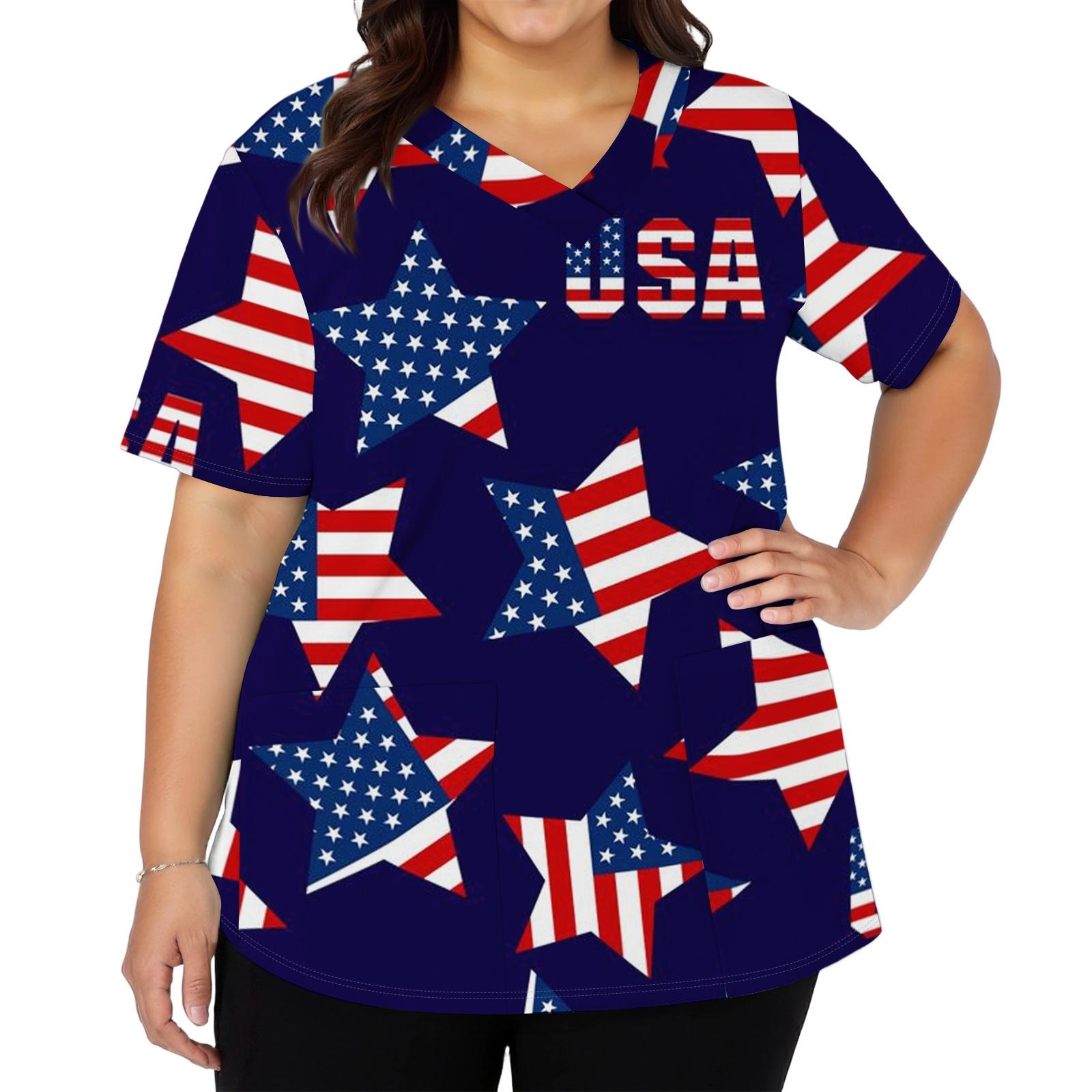 

Женская модная повседневная рабочая рубашка с принтом американского флага и звезд к Дню независимости, с V-образным вырезом, короткими рукавами, разрезами по бокам и карманами L темно-синий