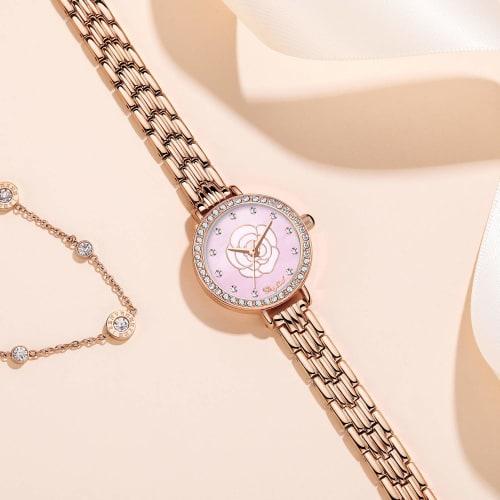 RORIOS Watch, Women's, Water Resistant, Made In Japan, Floral & Mother-of-Pearl Dial, Sparkling Diamonds, Bracelet-Style Analog Quartz Movement, Perfe