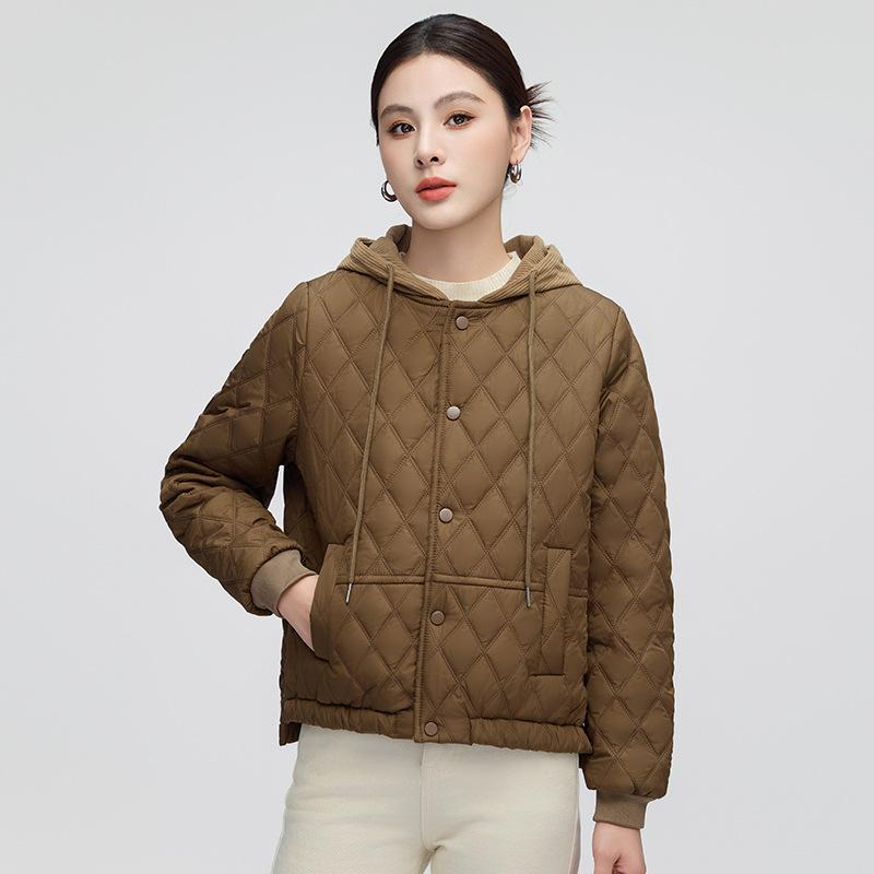 

New hooded padded jacket women s short rhombus versatile padded jacket casual fashion small padded jacket L80-52.5 kg