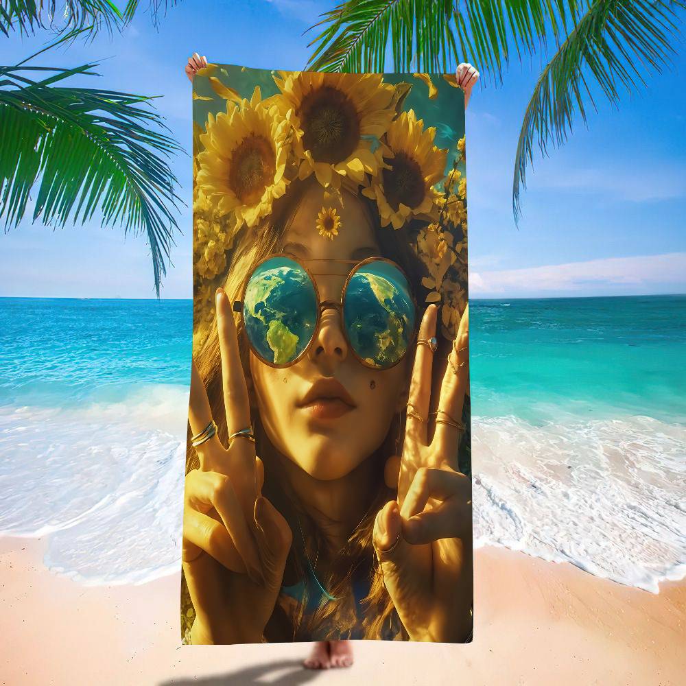 1pc Nordic Boho Fashion Glasses Woman With Flowers Beach Towel Bath Towels For Microfiber Quick Dry Sand Yoga Gym Pool