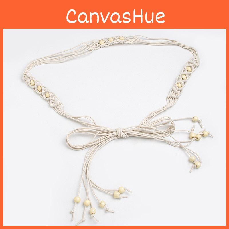 Bohemian Style Handwoven Cotton Rope Waist Belt With Wooden Beads For Beach Outfits And Festivals