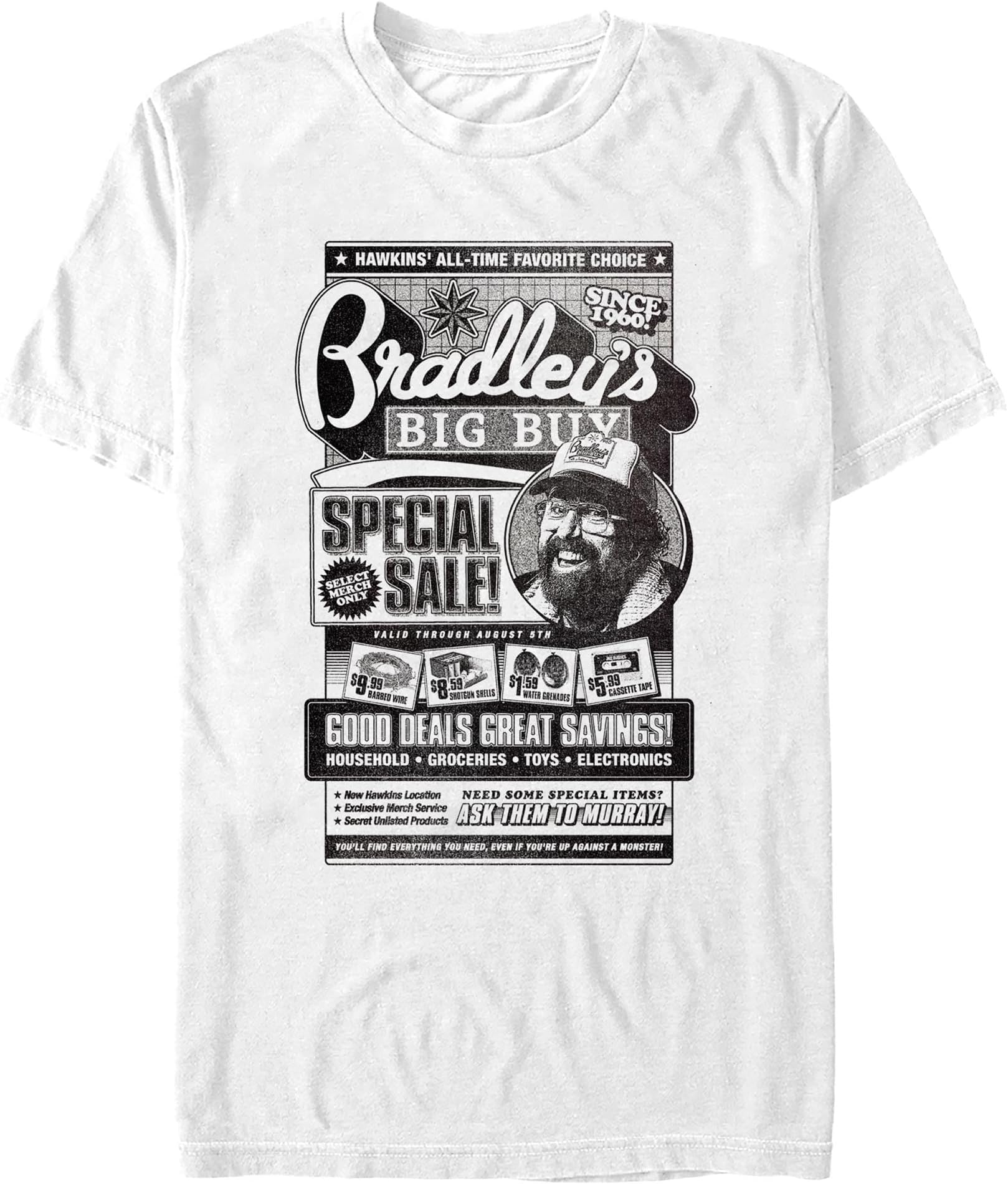 Men s Stranger Things Distressed Bradley s Big Guy Poster T-Shirt 3XL
