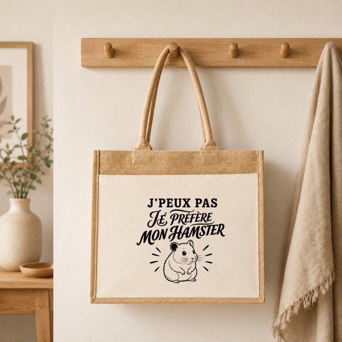 Sac Cabas - PLANETEE - J’peux pas je préfère mon Hamster - Toile de jute et coton - 21 L (43×33×21 cm) - Illustration au trait noir