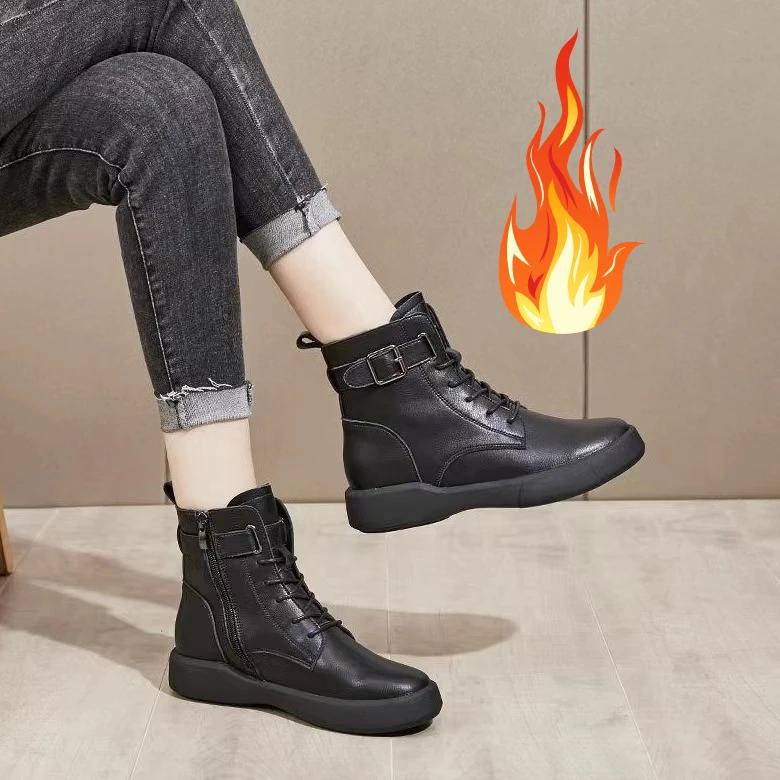 Damen Schnürstiefeletten Britischer Stil Runde Spitze Dicke Sohle Schuhe Gürtelschnalle Seitlicher Reißverschluss Lederstiefel Botas Para Mujeres