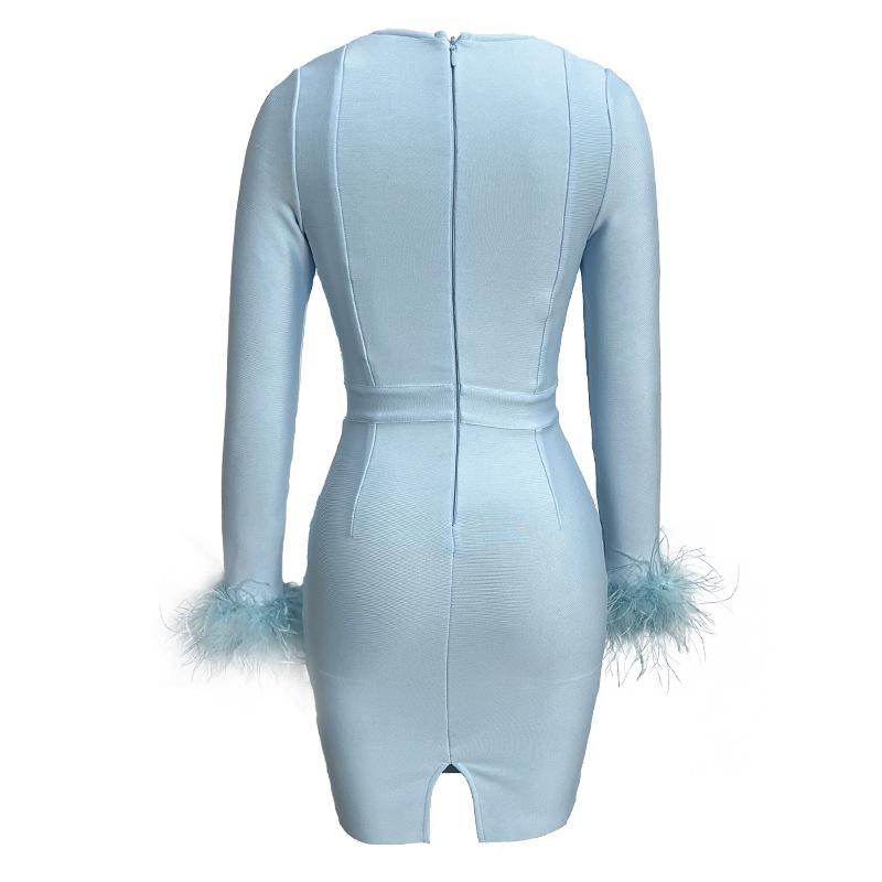 Neues Feder Langarm Europäische und Amerikanische Mode Bandage Abendkleid