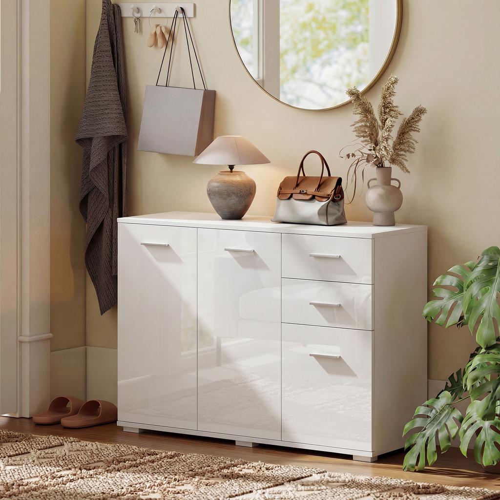 Sideboard, Modern Storage Cabinet with 2 Drawers, 3 Doors and Adjustable Shelves, High Gloss White