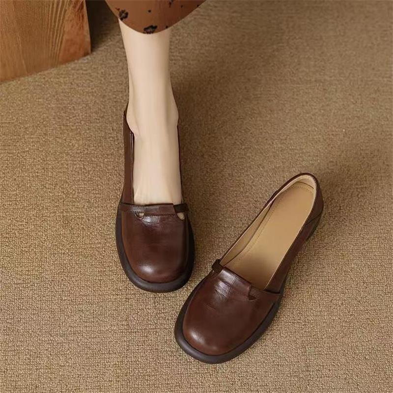 2025 New Commuter Women's Shoes Round Head Shallow Mouth Retro Platform One-pedal Single Shoes French Mary Jane Small Leather Shoes
