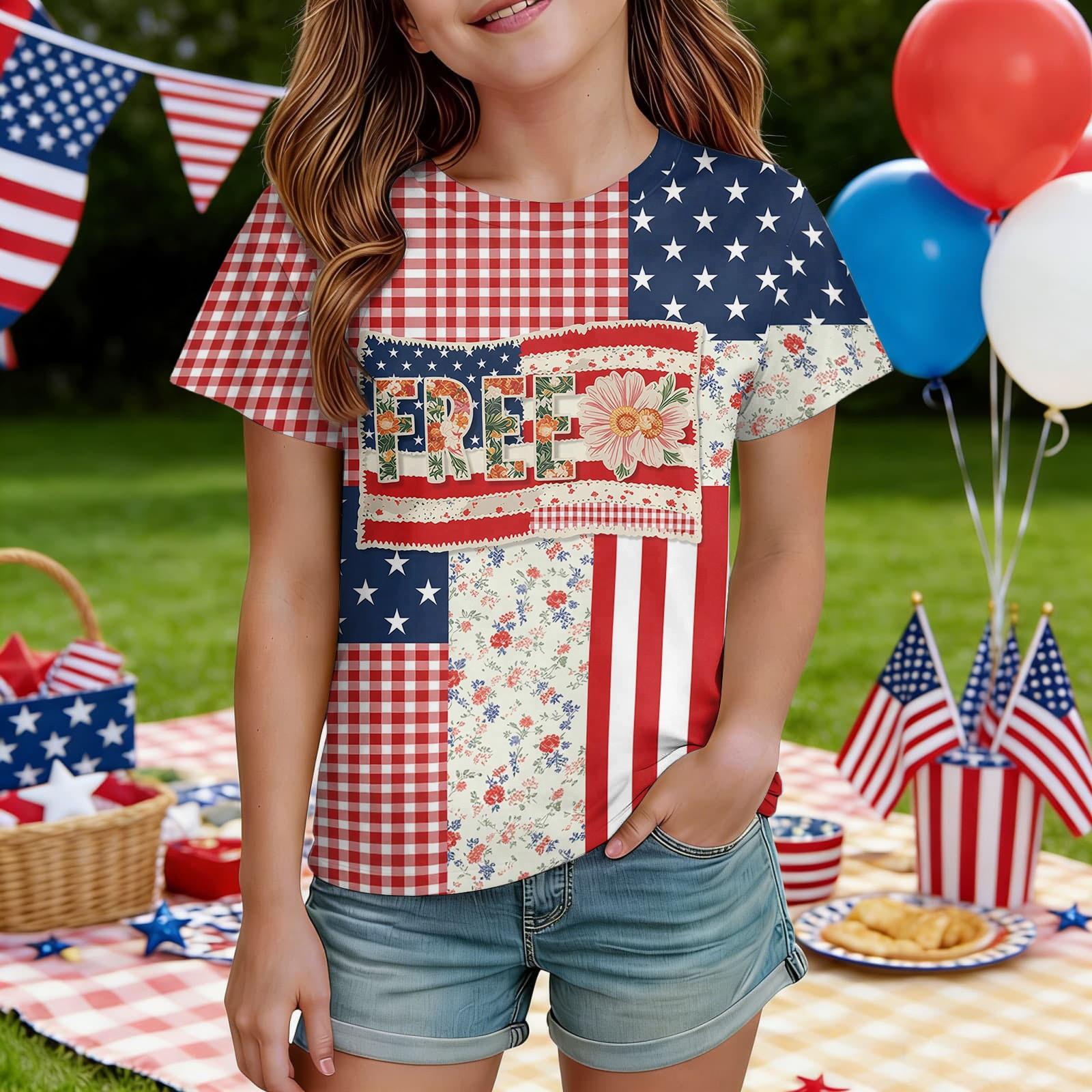 

Kids Independence Day Print Crew Neck Short Sleeve Casual T Shirt Lightweight Comfortable Fit Suitable for Everyday Wear 140 винный