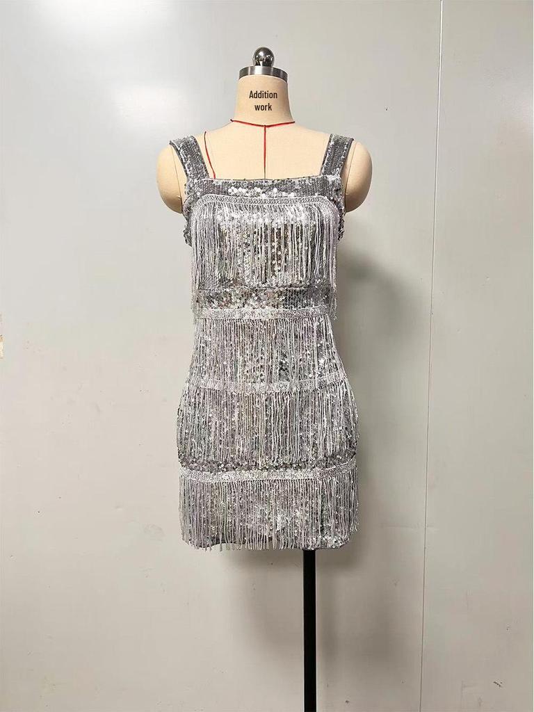 2025 Tassel & Sequin Cocktail Party Dress - Solid Color Suspenders & Short Skirt