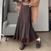 Autumn Winter Women's Knitted Pleated Skirt Long High-waist A-line Skirt