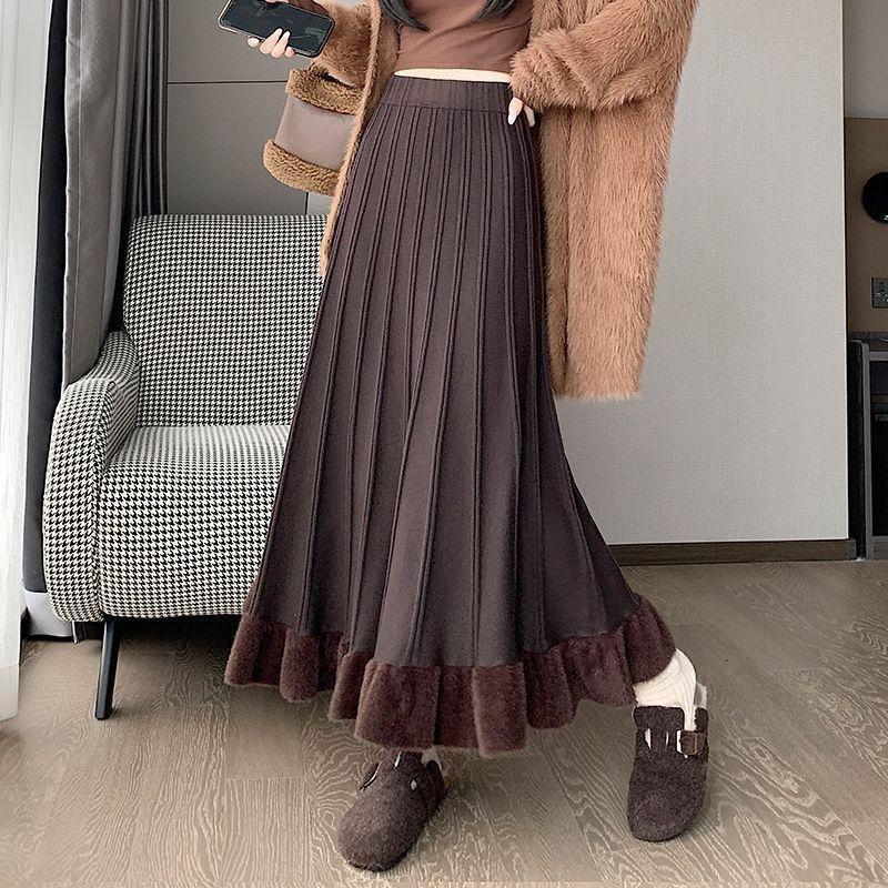 Autumn Winter Women's Knitted Pleated Skirt Long High-waist A-line Skirt