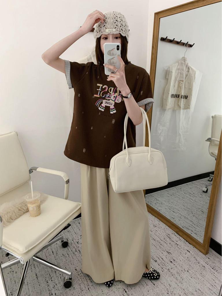 2026 Korean Style Embroidered Cartoon Letter Women's Loose Cotton T-Shirt, Casual Short Sleeve Top for Spring/Summer.