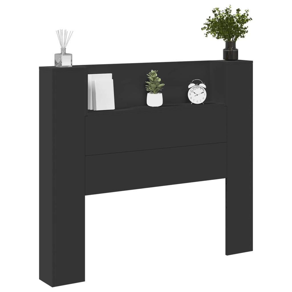 Storage Headboard with LED Black Wood Based Material