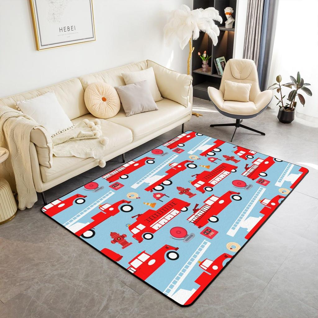 Firefighting Truck Area Rug, Fire Truck Carpet for Teen Boys, Cartoon Emergency Rescue Vehicle Floor Mat for Living Room Bedside