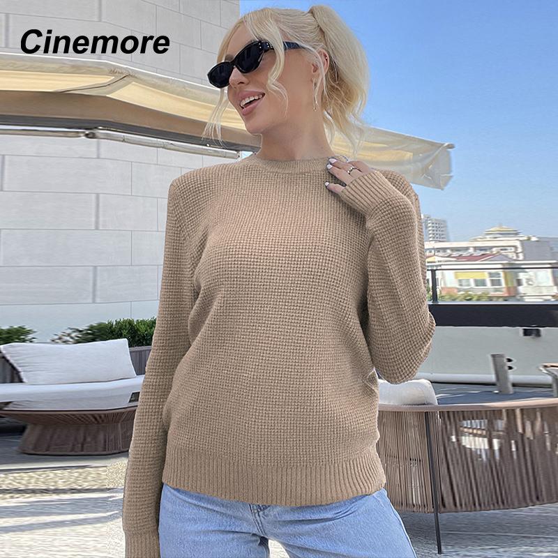 Cinemore Wiosna Jesień Damski Sweter Jednolity Oversize Casualowe Pulowery Ciepły Podstawowy Top z Długim Rękawem Okrągły Dekolt Dzianinowy Sweter Sweter