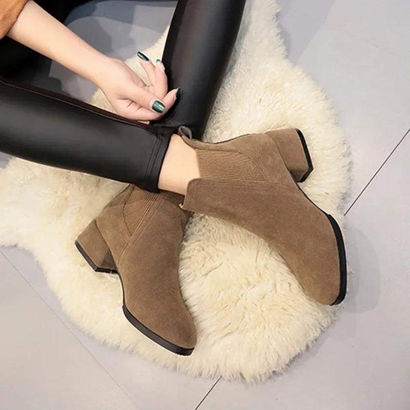 Fashion Women  Ankle Boots Autumn Winter  Boots Slip-on Round Toe 3.5cm Square Heel Solid Casual Black Camel Booties Size 35-43