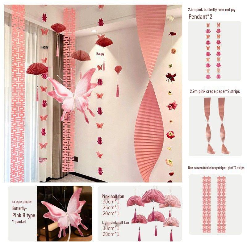 Our Home Wedding Lantern Set: Atmosphere-Enhancing Pull Flower Decorations with Double Happiness Hanging Ornaments