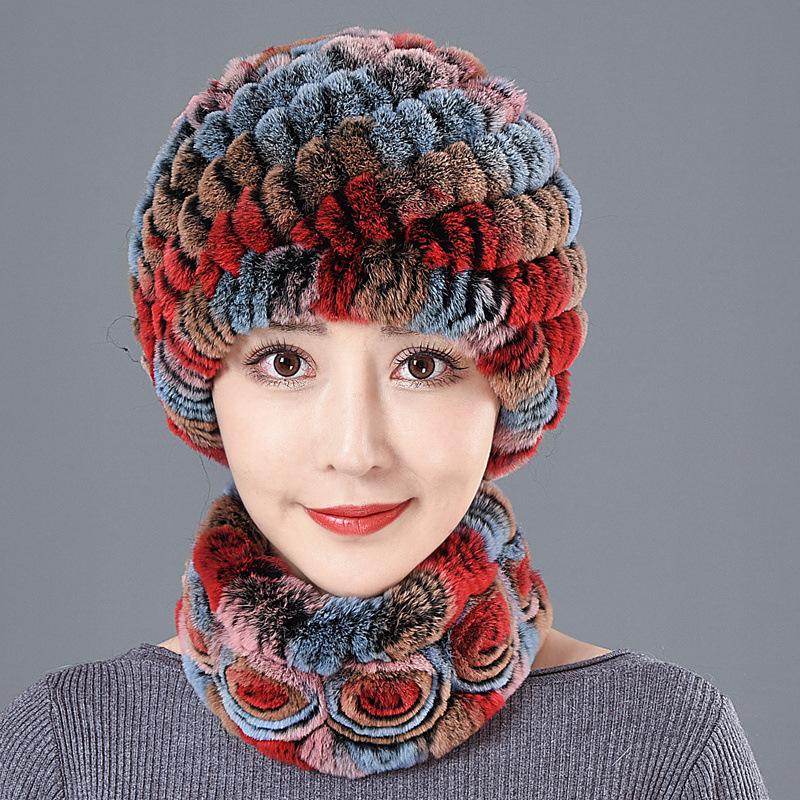 Hat Female Autumn Winter Trendy Versatile Rex Rabbit Hair Cycling Warm Ear Protection Fur Hat Scarf Set