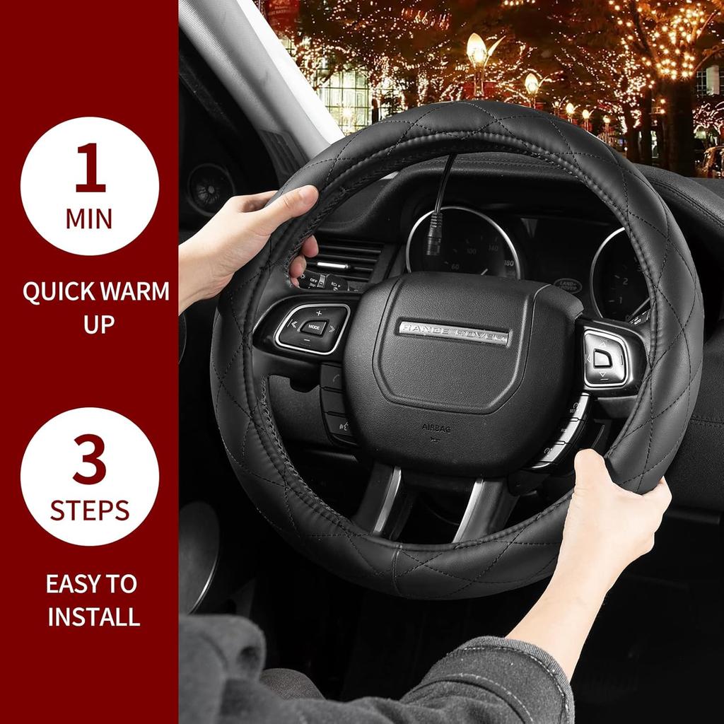 Heated Steering Wheel Cover - WARMITORY Luxury Steering Wheel Heater, 12V Quick Hand Warmer, 14.5-15 Inches Outer Diameter for Standard-Size Car