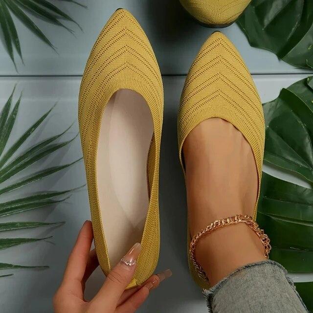 Damesko med spiss tå, ensfargede strikkede sko, avslappede pustende ballerinasko, damesko, loafers, sneakers, Zapatos De Mujer