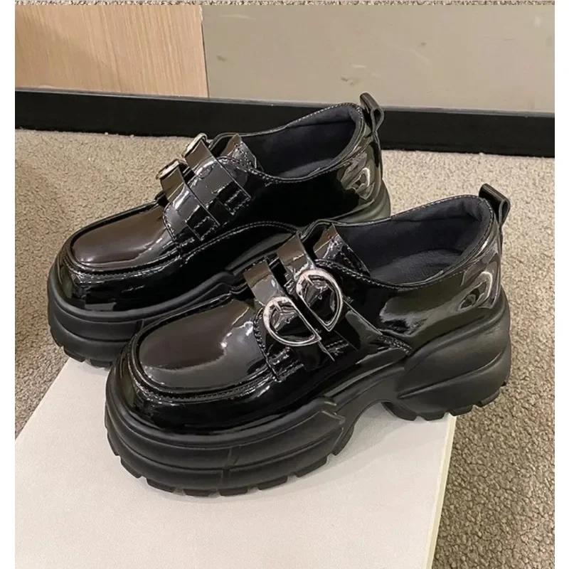 2025 Autumn Loafers Women High Platform 7CM Shoes Women's Thick Sole PU Leather British Metal Buckle Simple Mary Jane Shoes