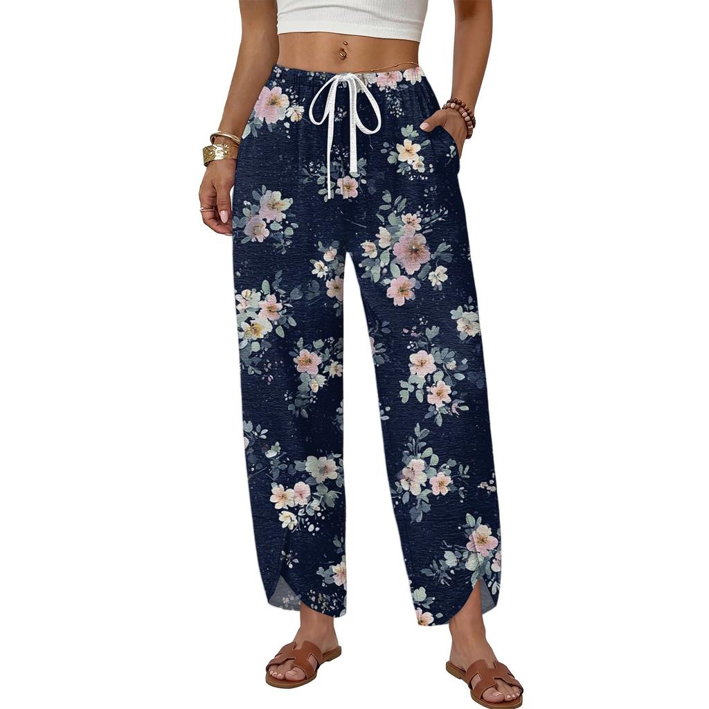 Damen Lässige Gerade Weite Beine Knopf Muster Druck Hose für den Alltag