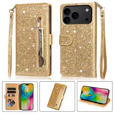 Glitzer Reißverschluss Leder Flip Wallet Hülle Für iPhone 17 Pro Max Luxuriös Kartenfächer Handyhalter Abdeckung Für iPhone 16 15 14 Pro Max 13 12 11