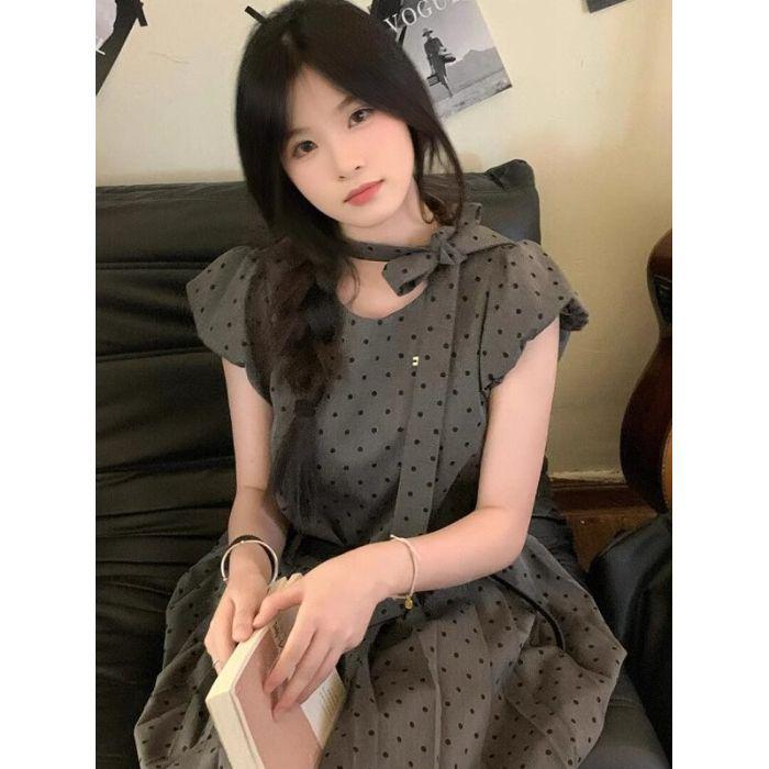 Women s French Gray Polka Dot Puff Sleeve A-line Dress - 2026 Summer Fashion Large