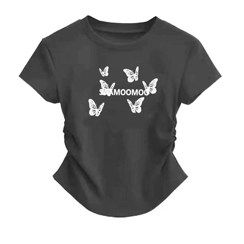 New American front shoulder pinch waist fold slim fit short sleeve T-shirt butterfly print high-end top women