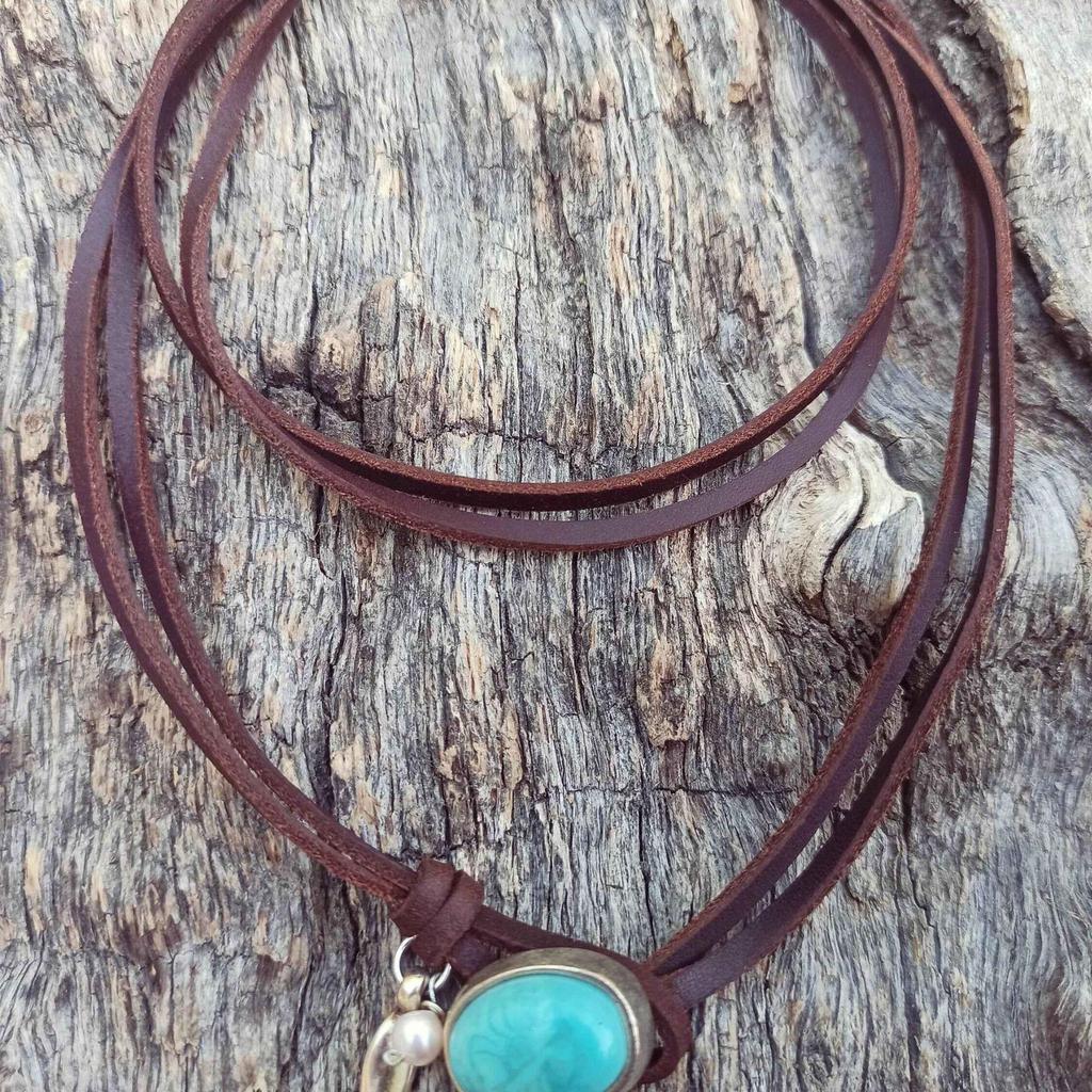 Bohemian Style Leather Turquoise Pendant, Artistic Retro Jewelry Necklace with Gemstone Leather Necklace