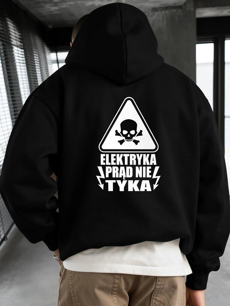 Elektryka Prd Nie Tyka Electricity Danger Warning Graphic Hoodie Unisex Hooded Sweatshirt Black Long Sleeve Pullover Skull and Cro