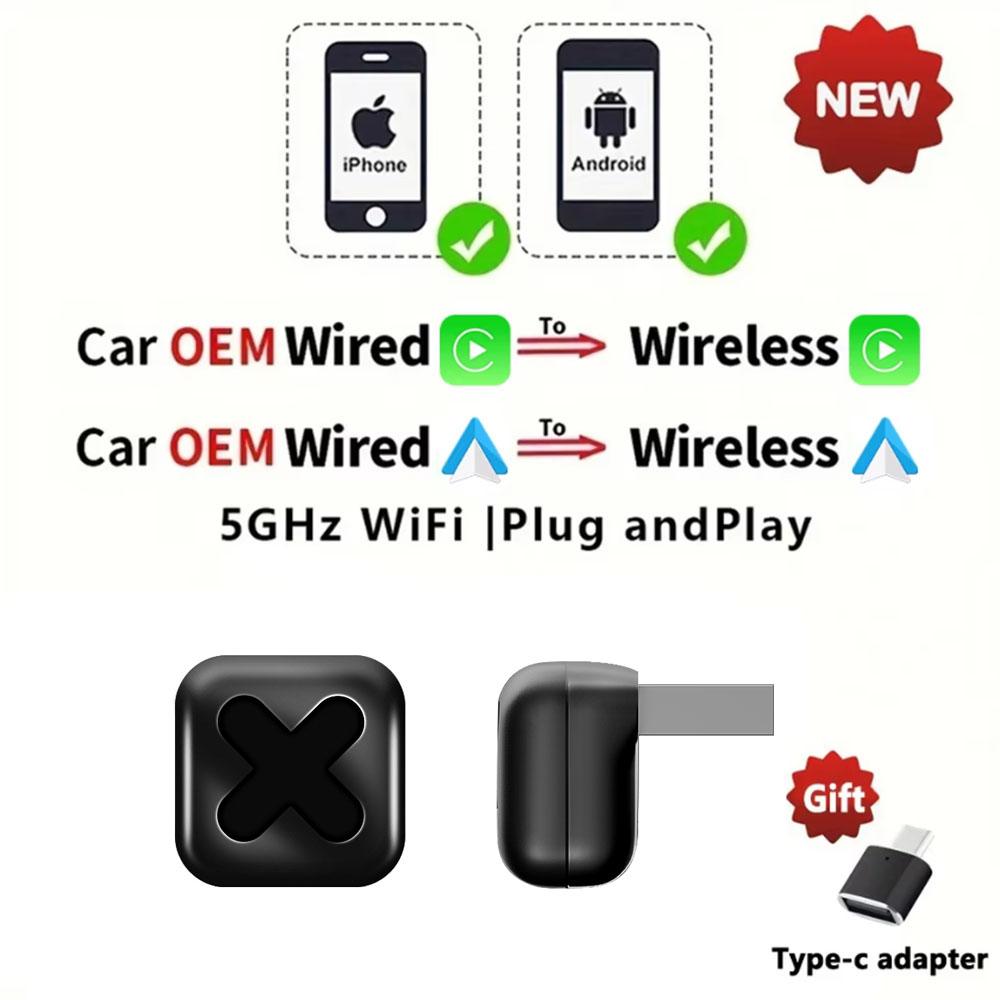 2-в-1 Беспроводной CarPlay и Android Проводной в Беспроводной Адаптер CarPlay и Беспроводной Адаптер Android Auto Plug & Play Авто Мини-Бокс чёрный