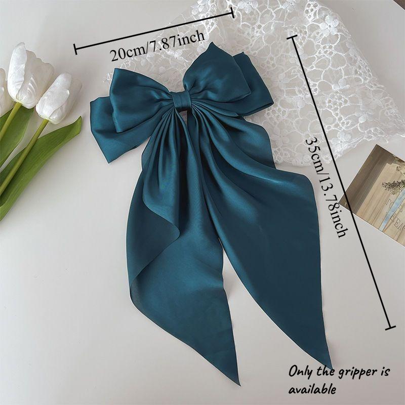 Oversized Satin Bow Hair Clip with Long Ribbon Elegant Solid Color Hairpin for Women Girls Party Daily Hairstyling