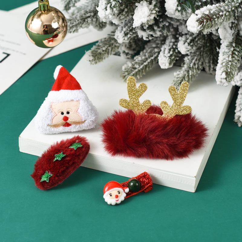 4pcs/set Cartoon Christmas Hair Accessories Kids Gift Hair Clips Ties Brooch Xmas Tree Headband 2025 Christmas Party Decoration
