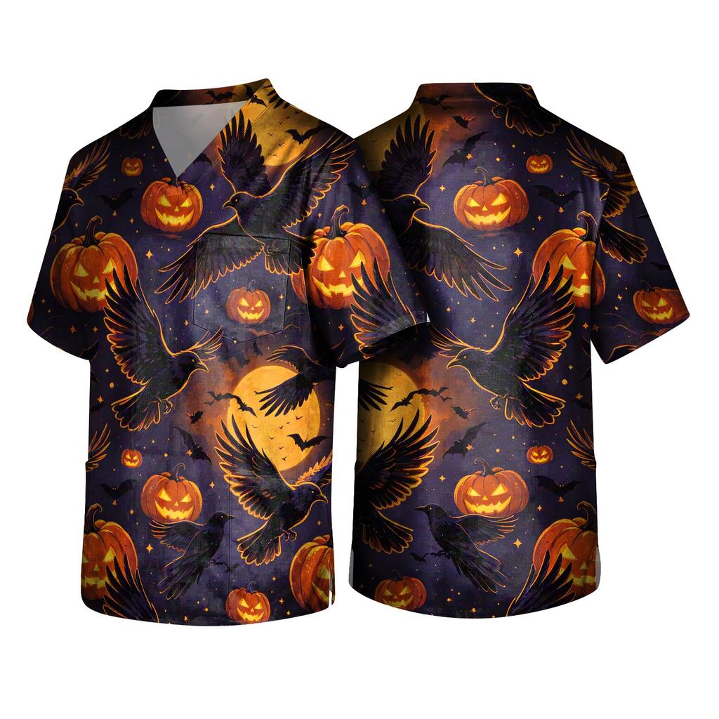 Men's Halloween Print V Neck Pocket Scrub Top Short Sleeve Medical Uniform Shirt for Healthcare Professionals