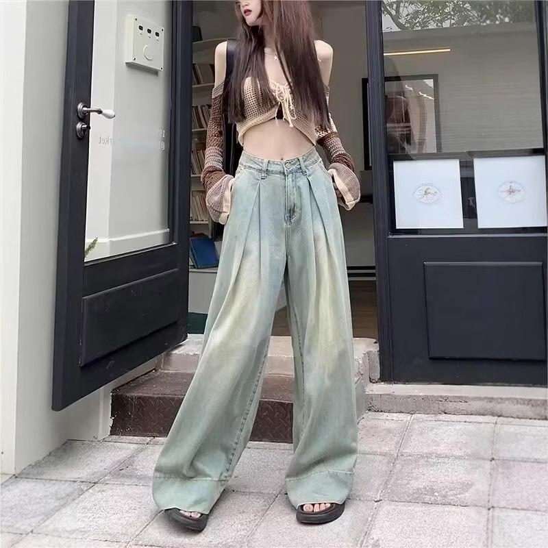 

2025 Autumn Women s Nostalgic Blue High-Waist Pleated Wide-Leg Jeans Extra Large