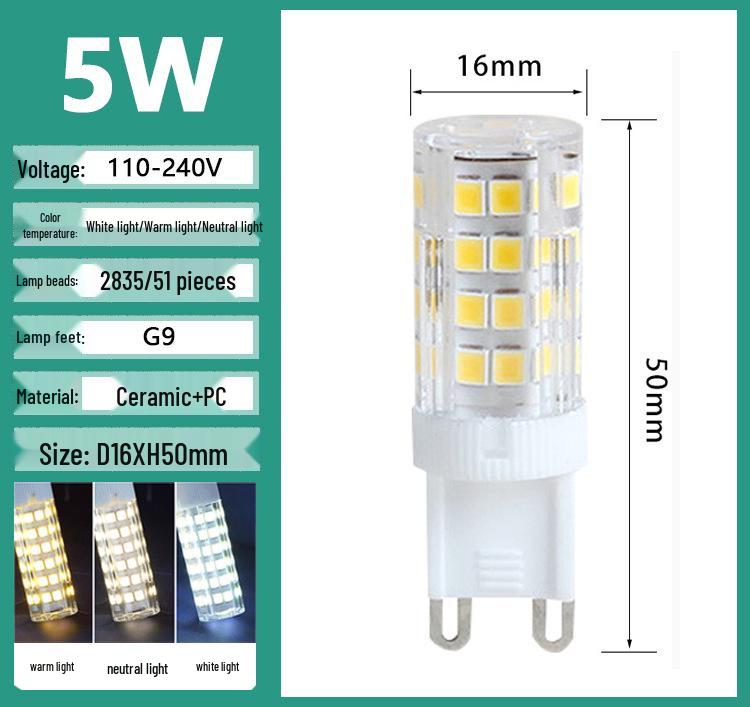 G9 LED G4 Pin Bulb, High Brightness, Energy-Saving, Flicker-Free, 220V Ceramic Tricolor Corn Light.