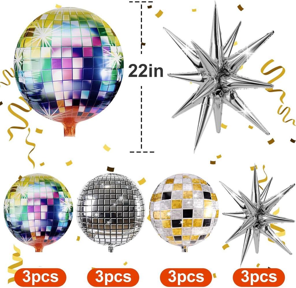 12PCS Disco Retro Balloon Set 80s and 90s Silver Colorful Lantern Ball Combination Birthday Party Decoration Supplies 4D Balloon