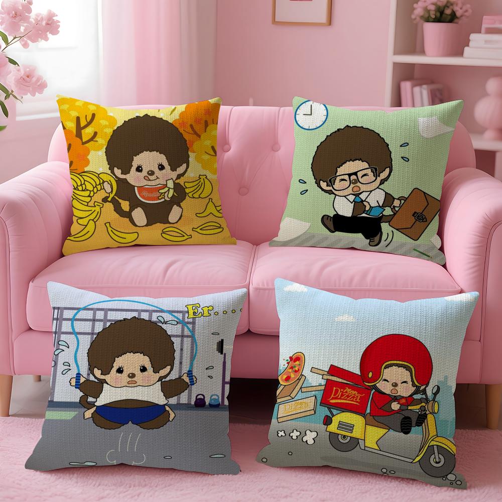 Cartoon M-Monchhichis Cushion Cover Linen Organic Fabric Double-Sided Printing Breathable Pillow Case Sofa Home Decor Gift