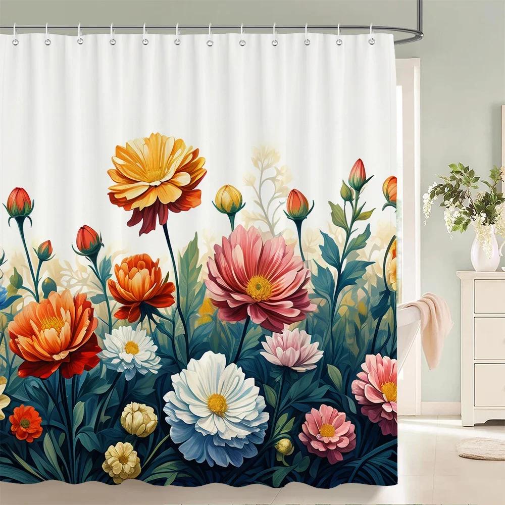 Rideau de douche Fleurs Magnifiques, Feuilles Aquarelle Sur La Plante Supérieure Avec Décor Floral de Salle de Bain, Ensemble de Rideau de Douche Avec Crochets