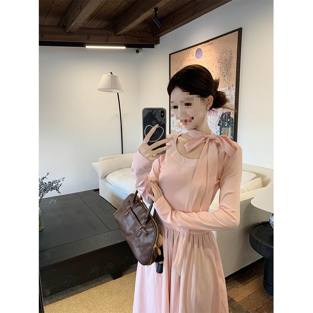 French bow lace-up long-sleeved pink dress women's autumn waist halter A-shaped skirt gentle wind long dress