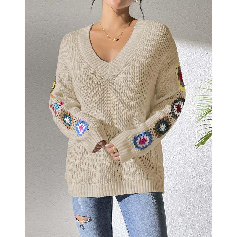 Long-Sleeve V-neck Top Mixed Color Hand Hook Flower Patchwork V-neck Pullover Loose Casual Sweater Top