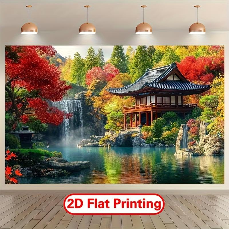 Sfondo banner giardino giapponese piatto 2D. Adatto per feste di vacanza, decorazioni per la casa e oggetti di scena per studio