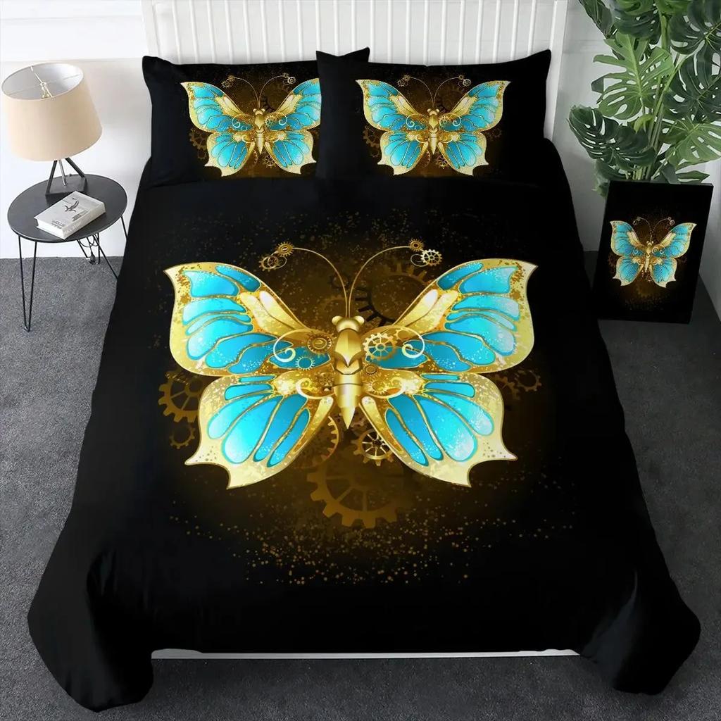 Gold Butterfly Duvet Cover Set for Girls Gold and White Butterflies Bedding Sets Flying Butterfly Black Luxury Comforter Cover
