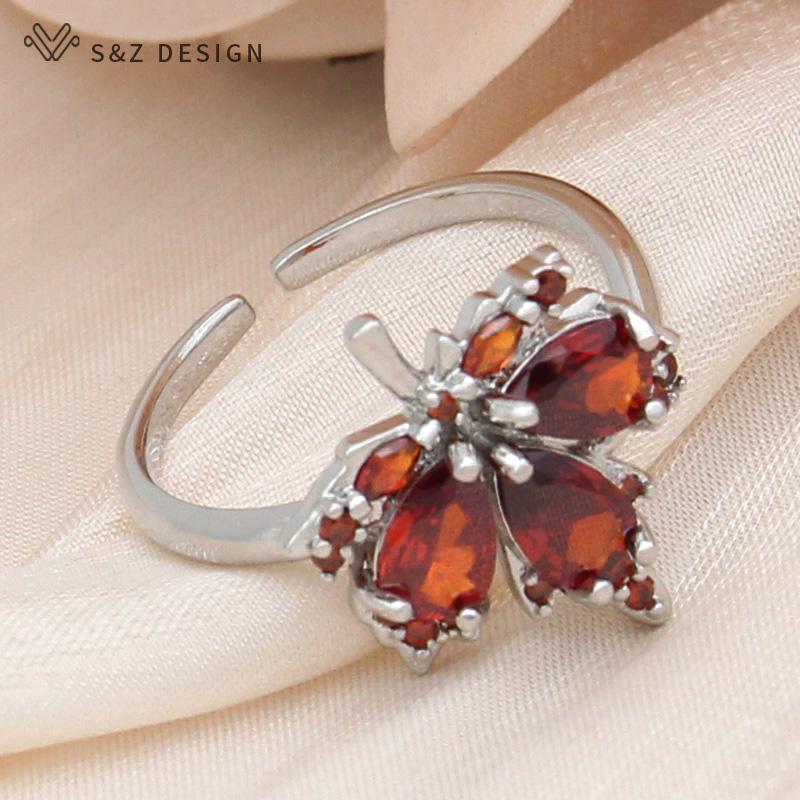 Fashion Cubic Zirconia Leaf Red Maple Adjustable Rings For Women Wedding Elegant Rose Gold Color Jewelry Gift