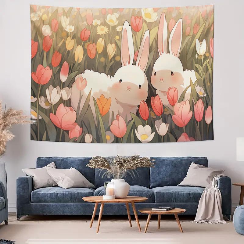 Cute Rabbit Floral Decorative Tapestry Warm and Romantic Bedroom Background Wall Hanging Painting