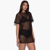 Women Bikini Fishnet Cover-Ups Short Sleeve See-Through Black Blouse Sheer Mesh Round Neck Tops