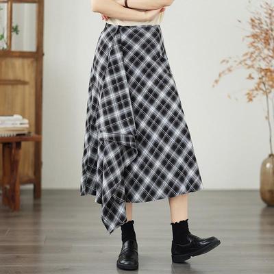 Plus Size High Waist Cotton Vintage Plaid Casual Summer Loose Long for Woman Skirts Womens Skirt
