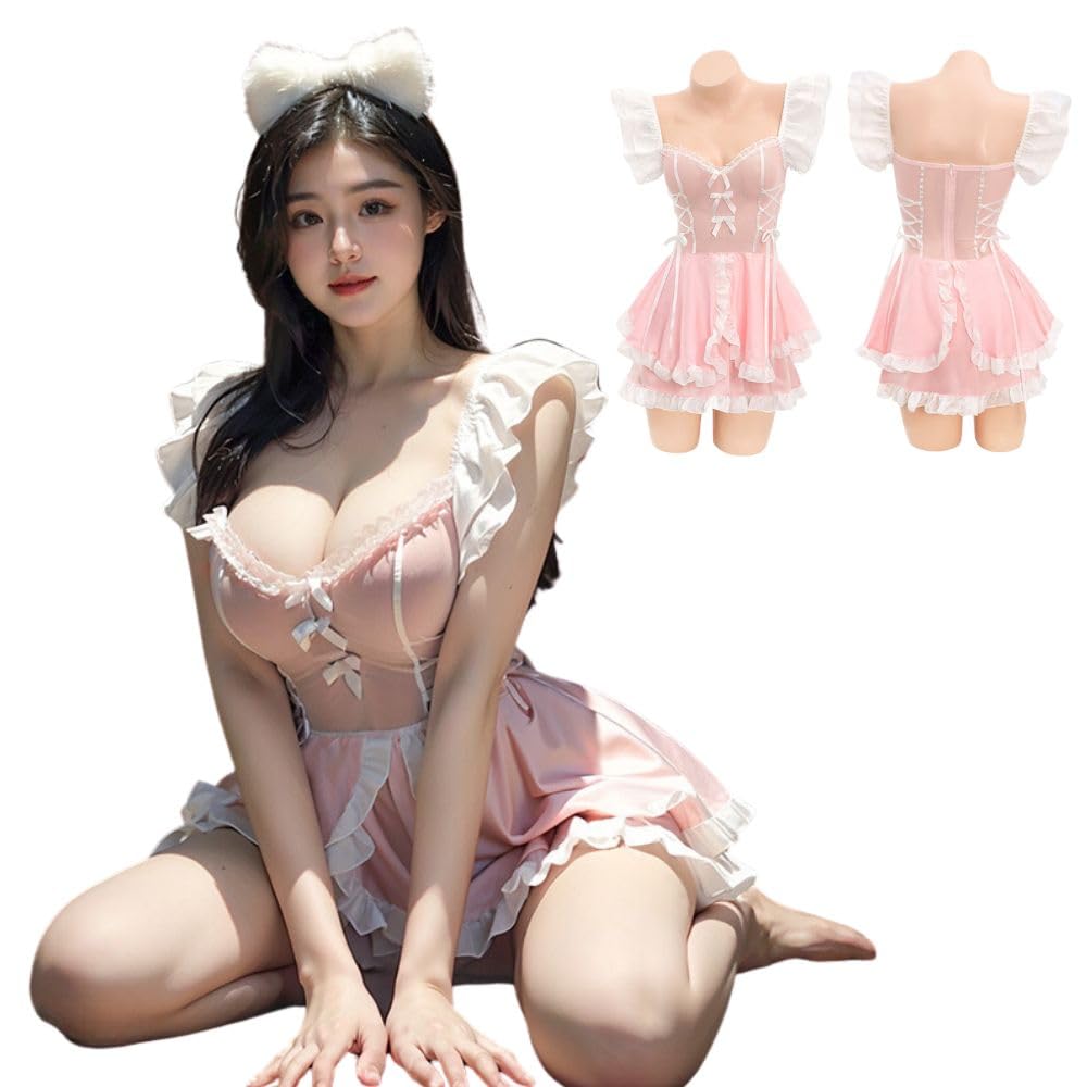 Sexy Lingerie Babydoll Large Extreme Perverted Nightgown Maid Uniform Cosplay Pink Erotic Lolita One Piece Cute Ruffles Sheer Chiffon Erotic Chubby